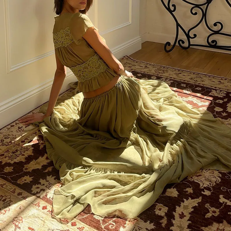 

Fashion Mesh Hight Waist Solid Vacation Outfits Casual Short Sleeve Women Party Suit Elegant V-neck Top & Long Skirt Summer Set