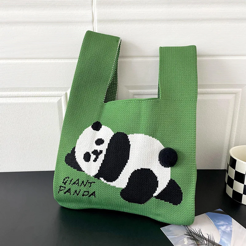 Cute Panda Handmade Knitting Bag Fashion Simple Shoulder Bag Large Capacity Handbag Shopping Bag For Students Classic Women Bags