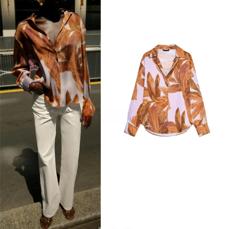 

Autumn New Women's Loose Fit Long Sve Silk Satin Feel Printed irt American Retro Sle Faionable Breathable Polyester