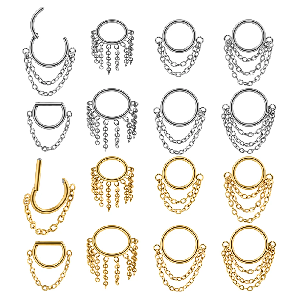 1PC Nose Rings Stainless Steel Perforated Chain Nose Ring Clicker Hinge Section Earrings Hanging Nose Septum Piercing Jewelry