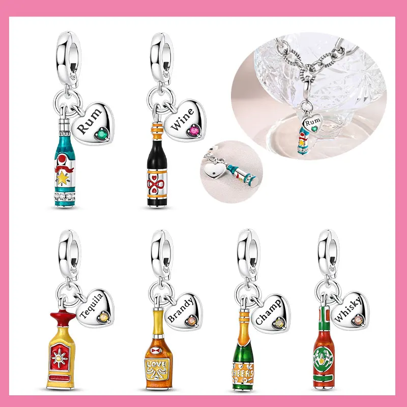 

Бутылка из стерлингового серебра 925 пробы, виски, белое вино, красное вино, подвески, бусины, подходят для оригинального браслета, ожерелья, ювелирные изделия, женские подарки «сделай сам»