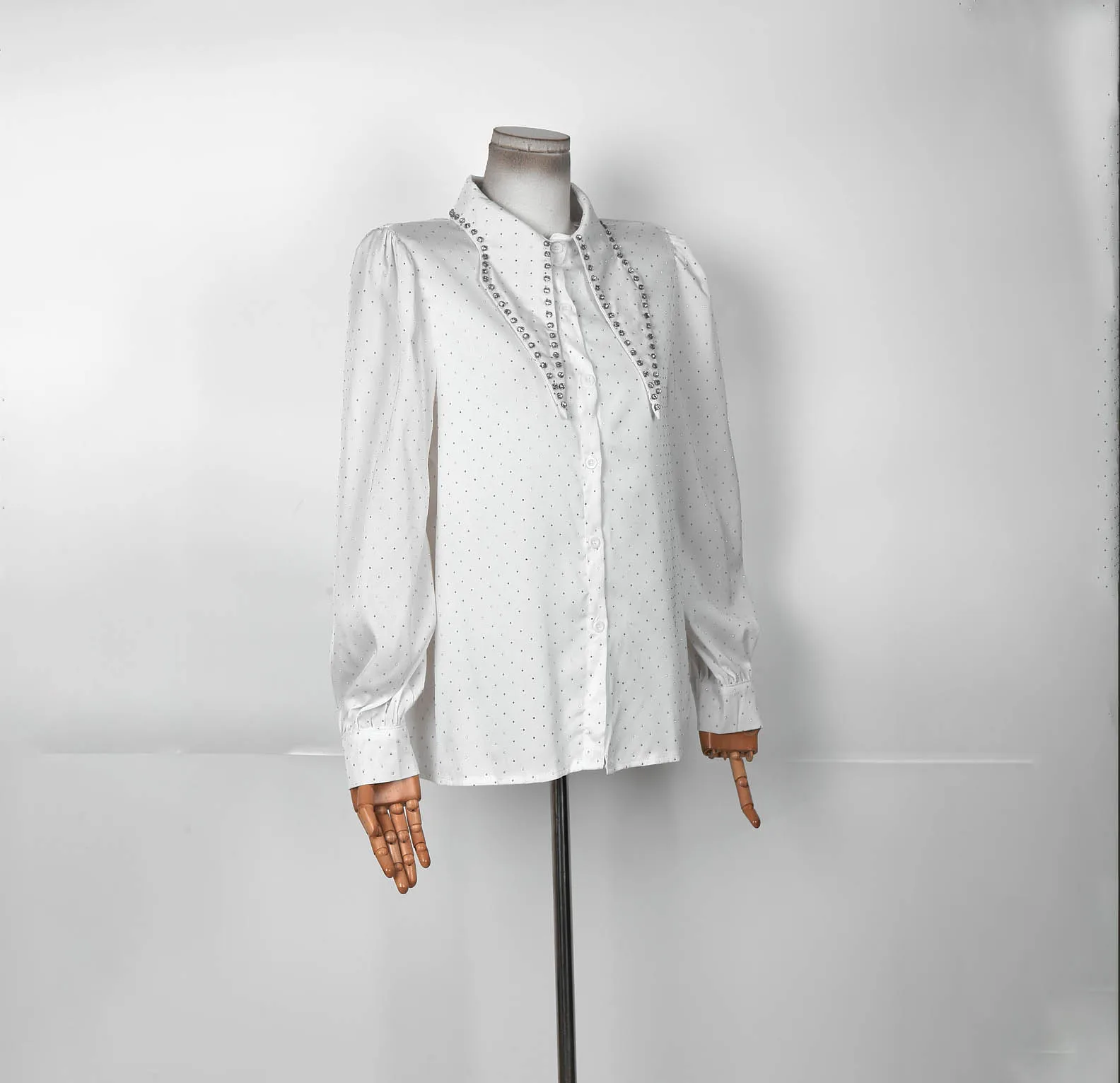 Hot 2025 Spring Women's Black Polka Dot Blouse with Pearl Embellished Collar Puff Sleeve Button Down Elegant Casual Shirt