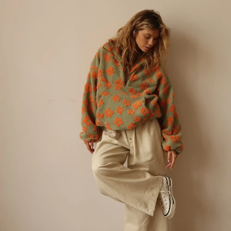 New Fashion Imitation Lamb's Wool Print Loose Zip Sweatshirt Long Sleeve Top