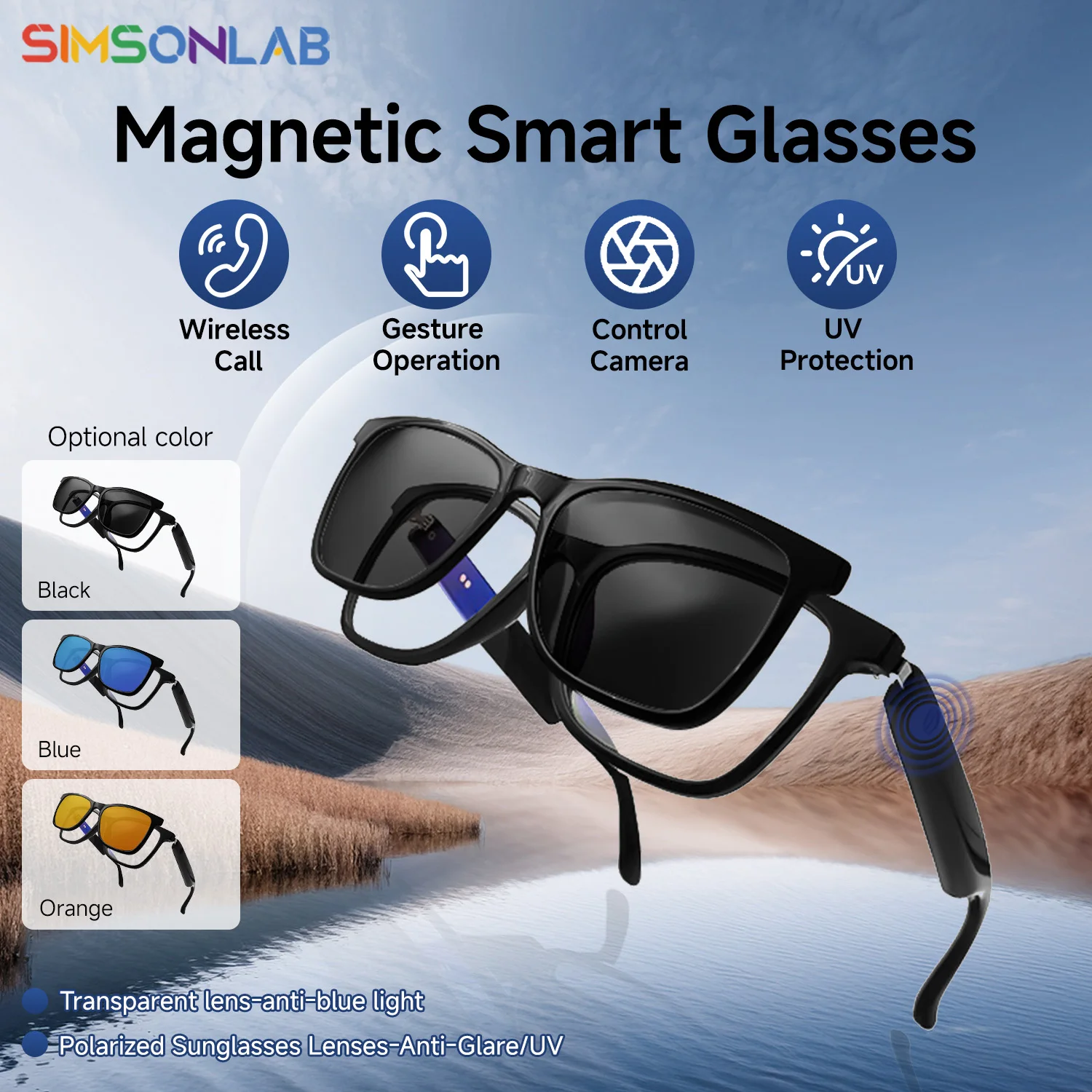 

Hot Fashion Smart Glasses 2in1 Magnetic UV Protection Polarized Lenses Wireless Call Touch&Voice Assistant Men Music Sunglasses