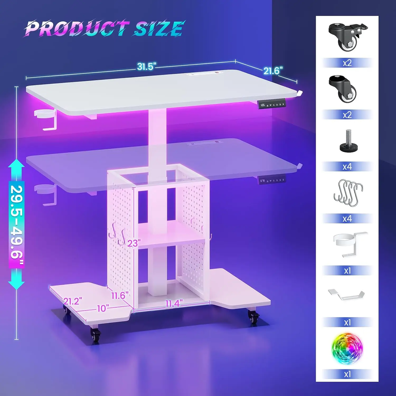 Small Electric Adjustable Gaming Desk with Outlet, Pegboard, Shelves & RGB LED, 31.5