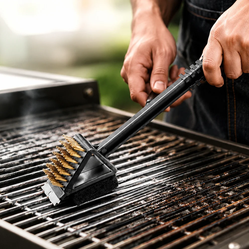 3 In 1 BBQ Grill Brush With Scraper And Scrub Pad, Copper Bristles Long Handle Grill Grate Cleaner For Gas Charcoal