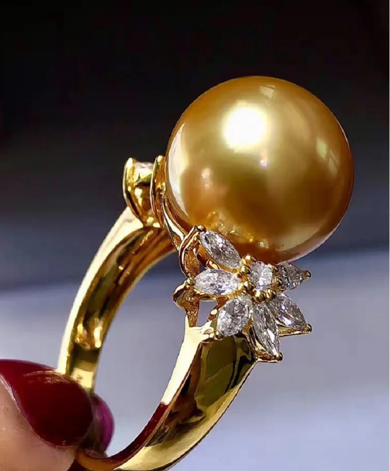 

Customized Jewelry AAAA 10- 11 mm ROUND natural south sea Golden pearl ring 925s