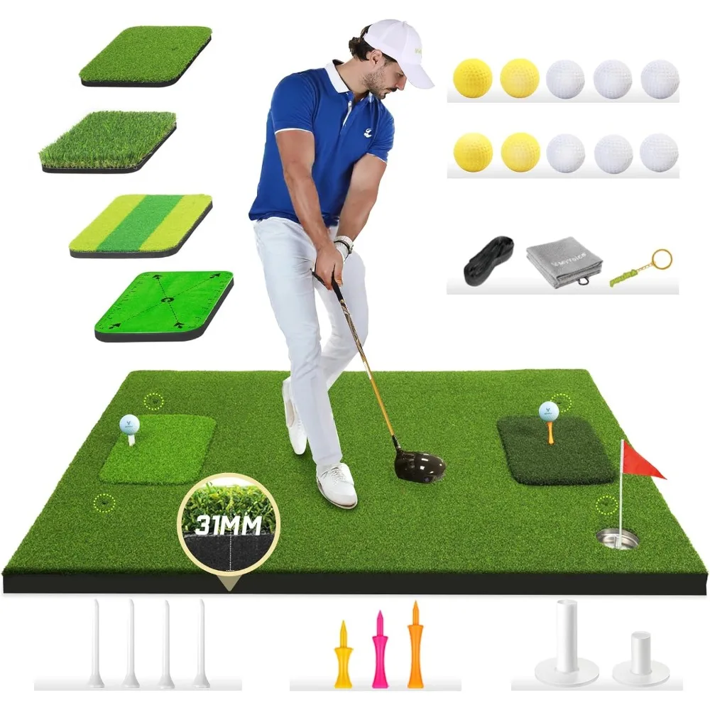 6-in-1 Golf Hitting Mat – 5x4ft Thickened Golf Training Mat for Indoor & Outdoor Practice for Swing, Chipping