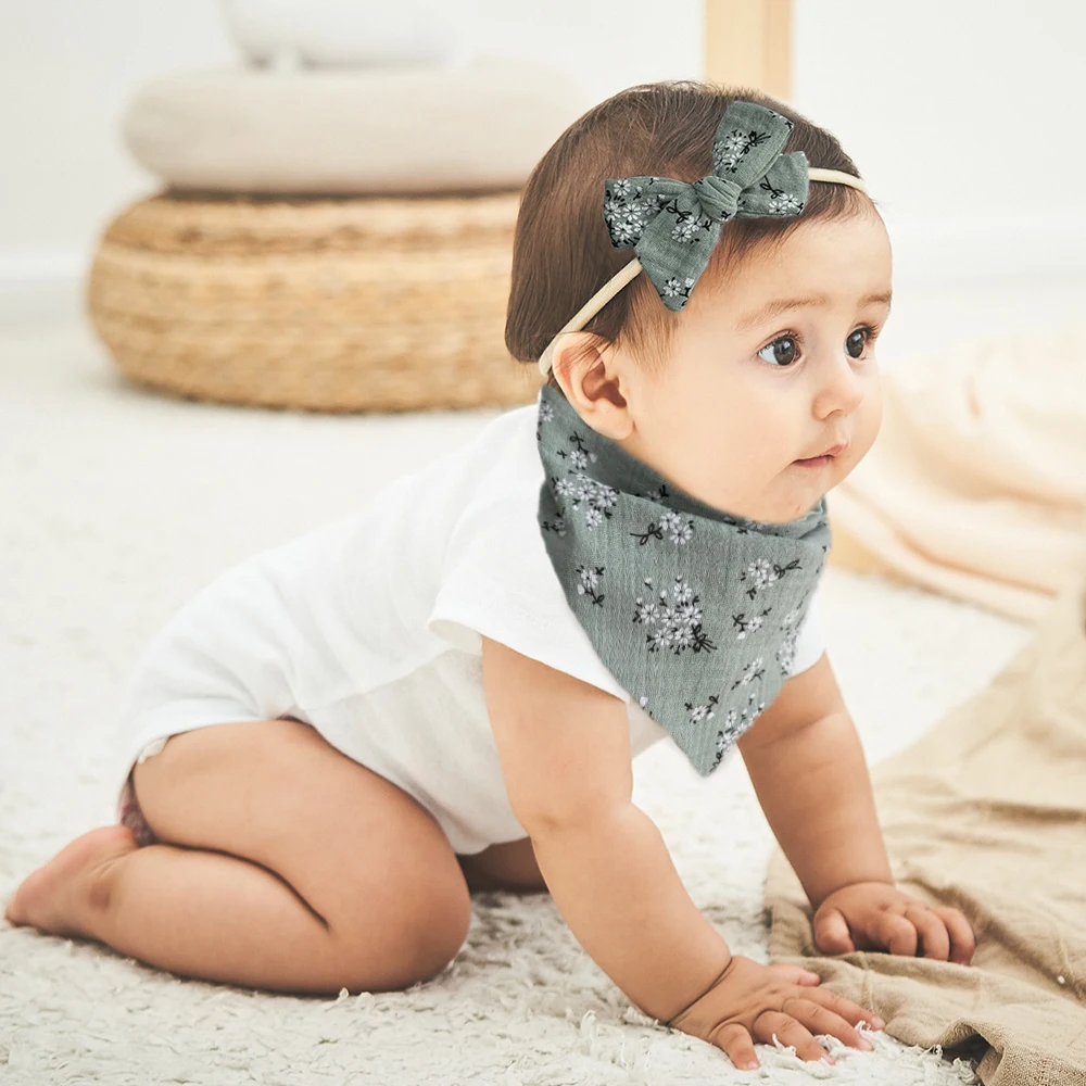 3Pcs/Set Muslin Cotton Baby Bibs Newborn Bows Headband Triangle Saliva Towel Infant Boy Girl Feeding Burp Cloth Kids Accessories