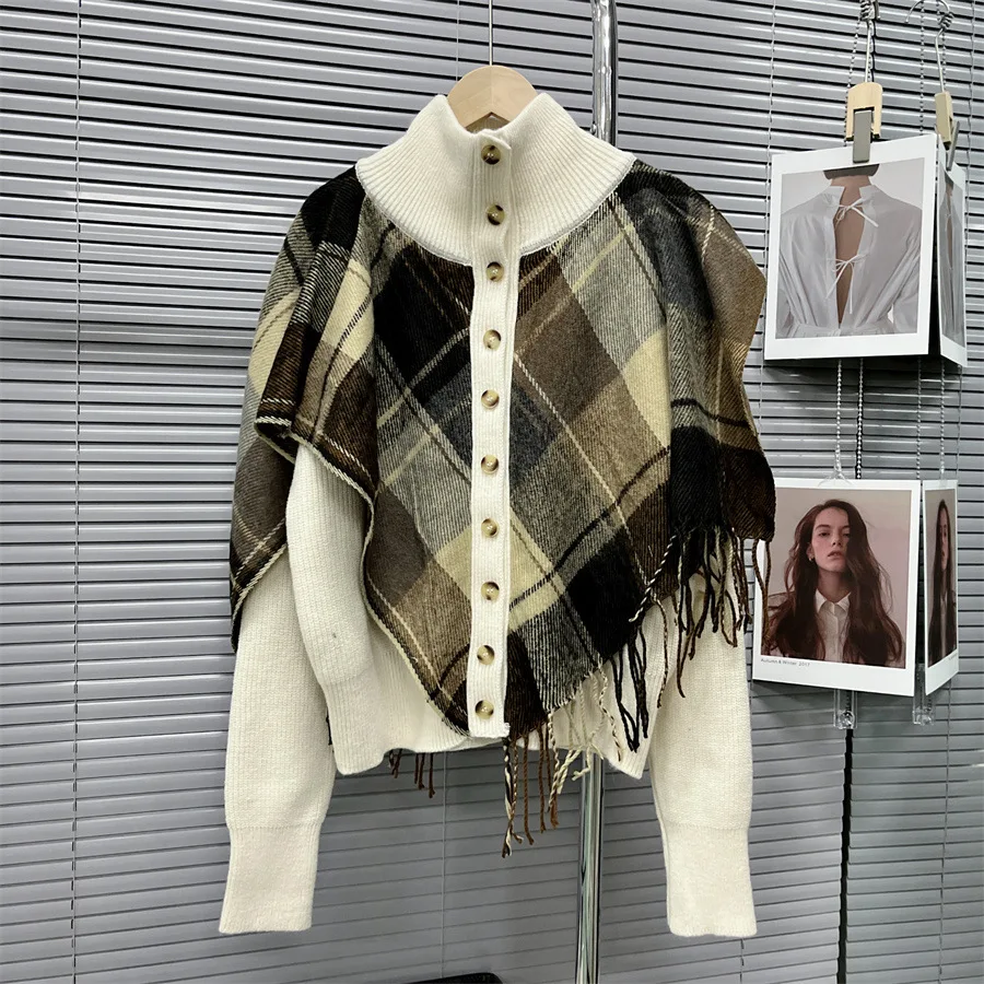 

Fashion Plaid Capes Fake Two Piece Sweater Cardigan Women Turtleneck Long Sleeve Knitted Tops New Autumn Winter Outwear s751