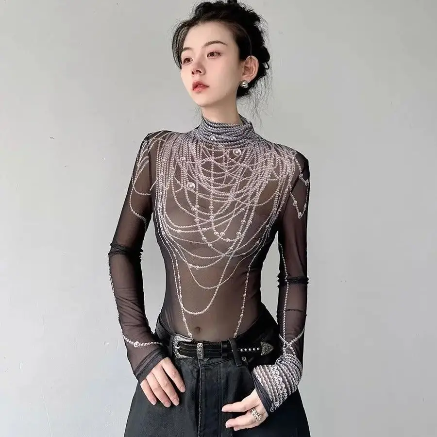 

Pearl Half Turtleneck T-Shirt Printed Autumn New Slim-Fitting See-Through Mesh T-Shirt Y2k E-Girl Long-Sleeved Bottoming Women