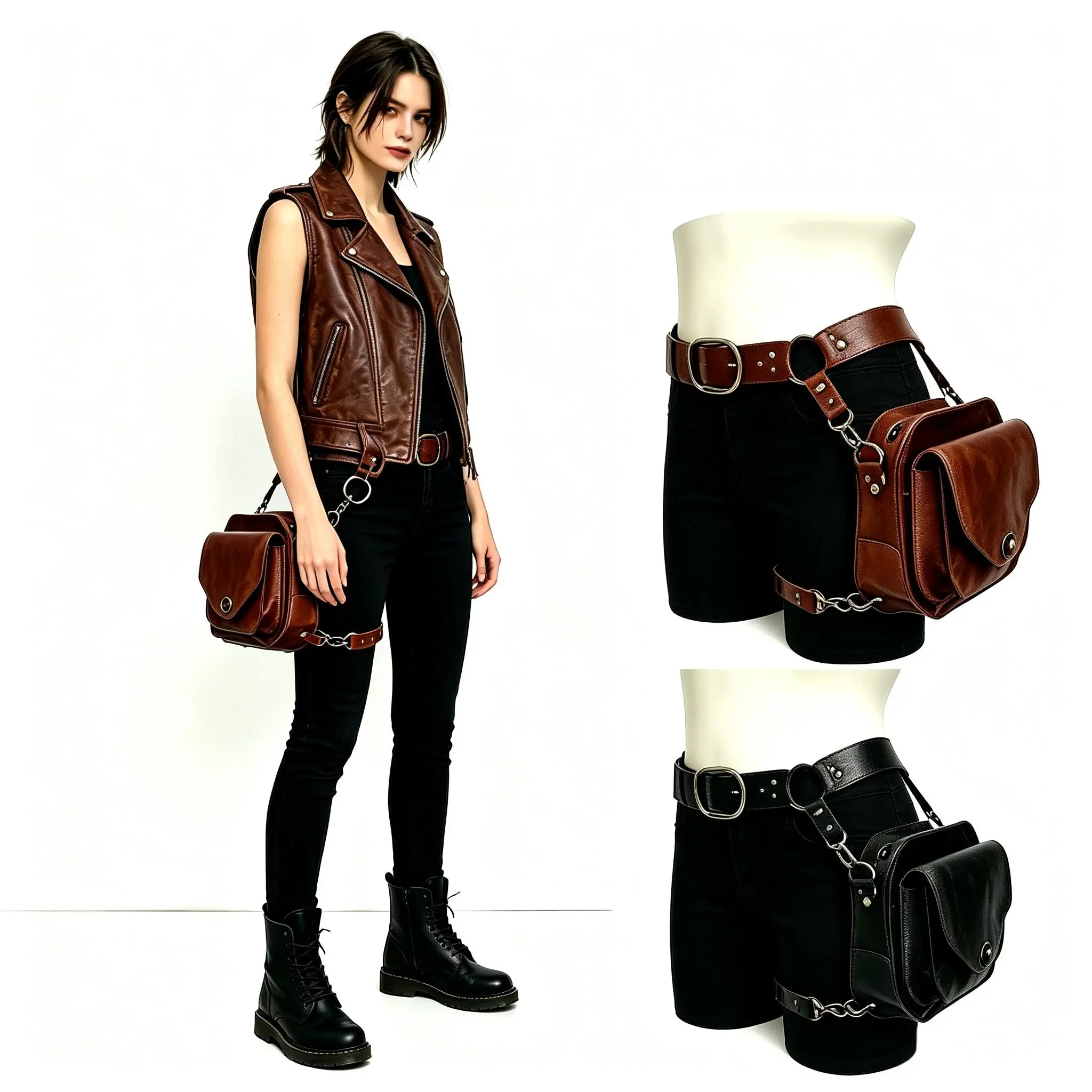 Image of Retro-Ästhetische PU-Quadrattasche, Damen-Crossbody-Bauchtasche, Motorrad-Stil Oberschenkeltasche, Mittelalterliches Ritter-Accessoire für Partys