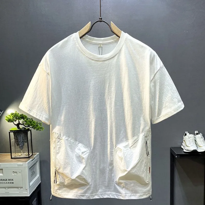 Pocket Splicing Cotton Short Sleeved T-shirt for Men's Summer New Casual Versatile All Match Half Sleeved Top