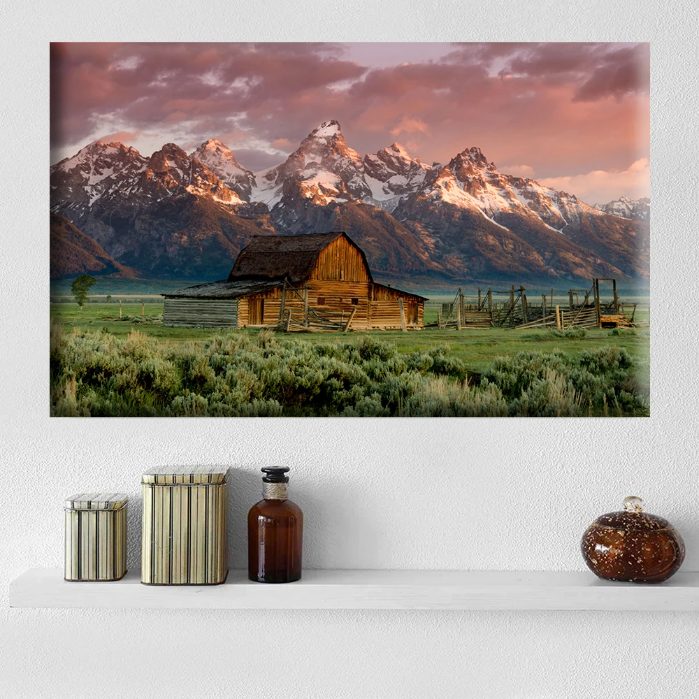 Barn Mountain Cabin Wyoming Landscape Wall Pictures Canvas Painting Country Posters and Prints for Living Room Decoration