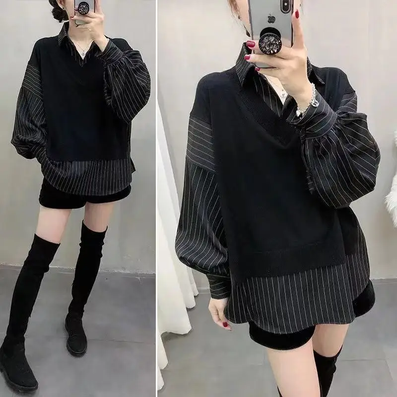 Korean Style Autumn and Winter New Patchwork Fabric Striped Shirt Knitted Sweater Fashionable Women Loose Top Pullover