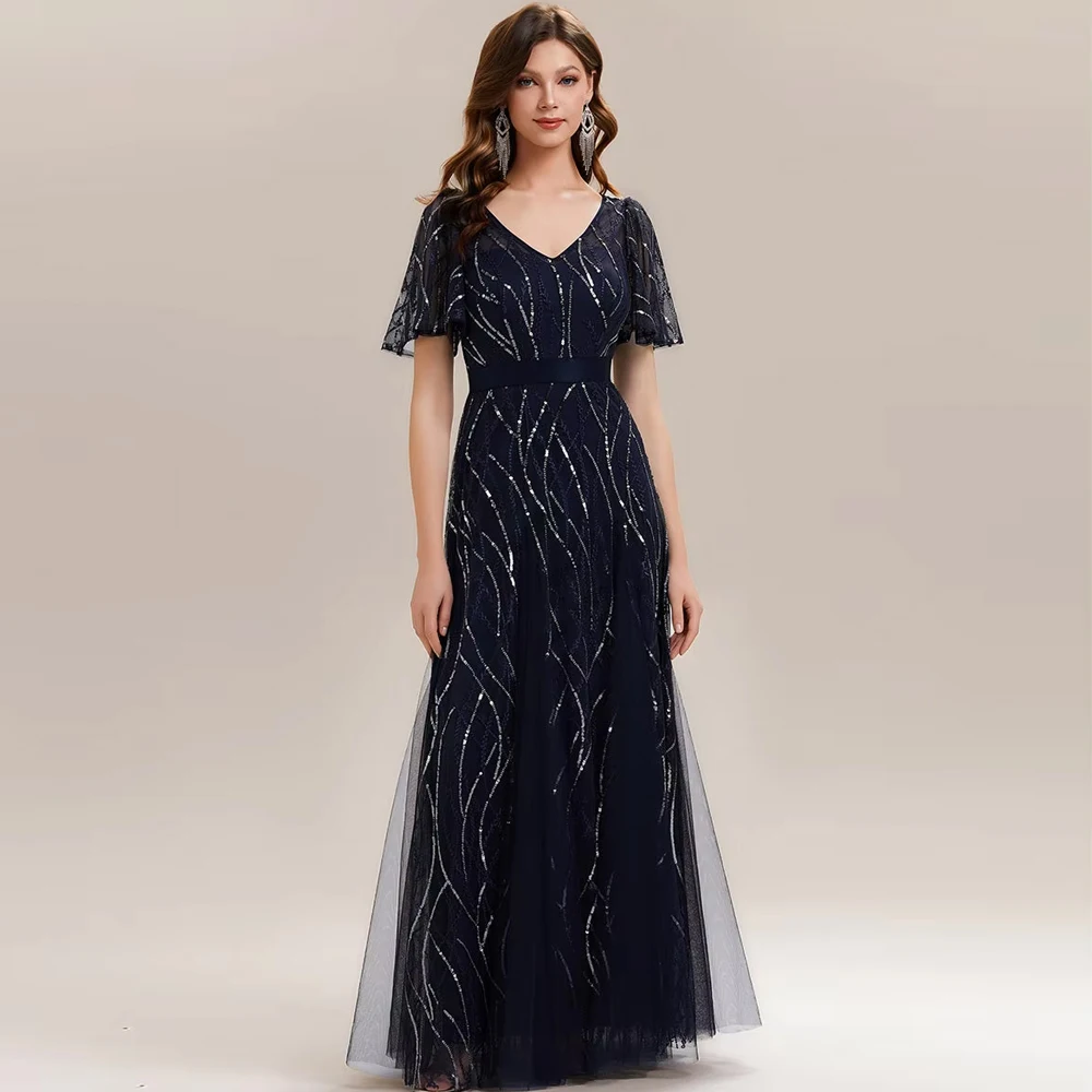 BAZIIINGAAA Party Dress A Half Short Sleeve Ruffle Sequin Deep V-Neck A-Line Floor Length Evening Dresses