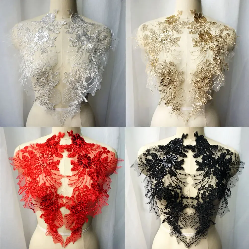 2PCS 레이스 스팽글 꽃 아플리케 수 놓은 신부 가운 패브릭 칼라 결혼식 옷 드레스 장식 DIY 공예에 대 한 패치를 바느질