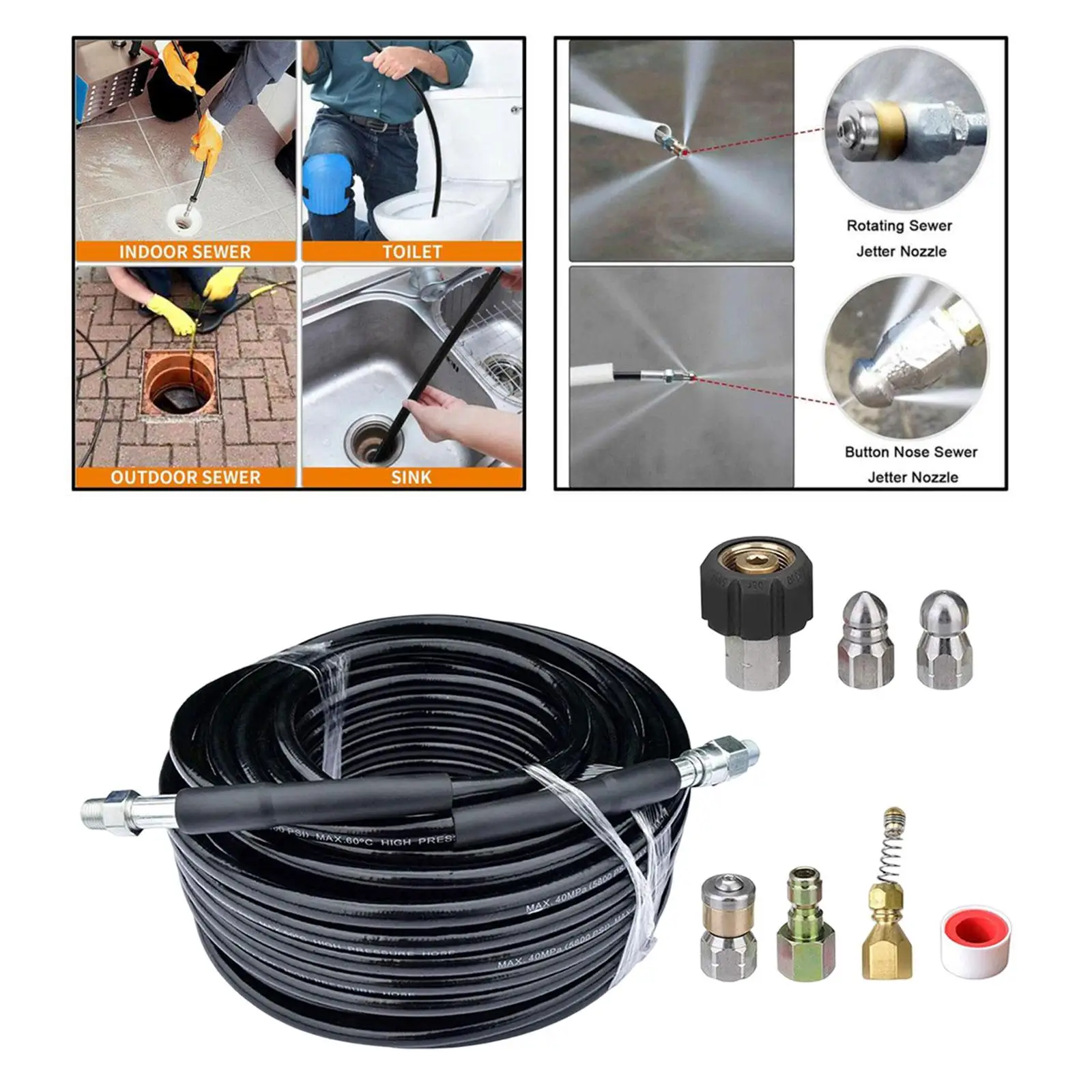 High Pressure Washer Extension Hose with Quick Connector Portable 1/4 in Durable Pipe Drain Tube Cleaning Set for Home Plumbing