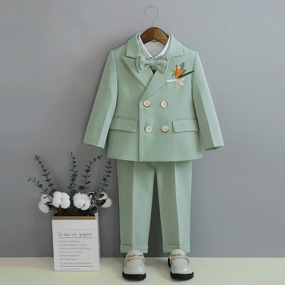 

Child Fomal Dress Suit Set British Style Baby Boys Wedding Birthday Party Performance Costume Kids Blazer Pants Bowtie Clothes