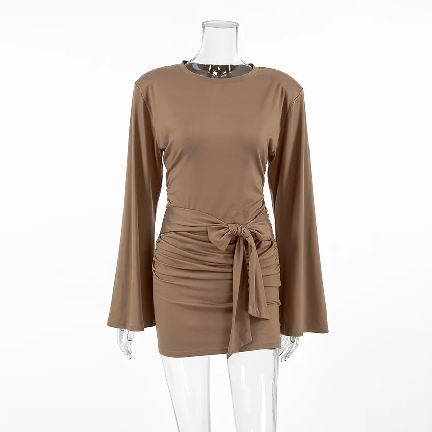 2025 Mocha Sculpting Knit Bodycon Dress Flutter Sleeve & Waist Tie Detail Curve-Flattering Day to Dusk Mini Café Dates to Clubs