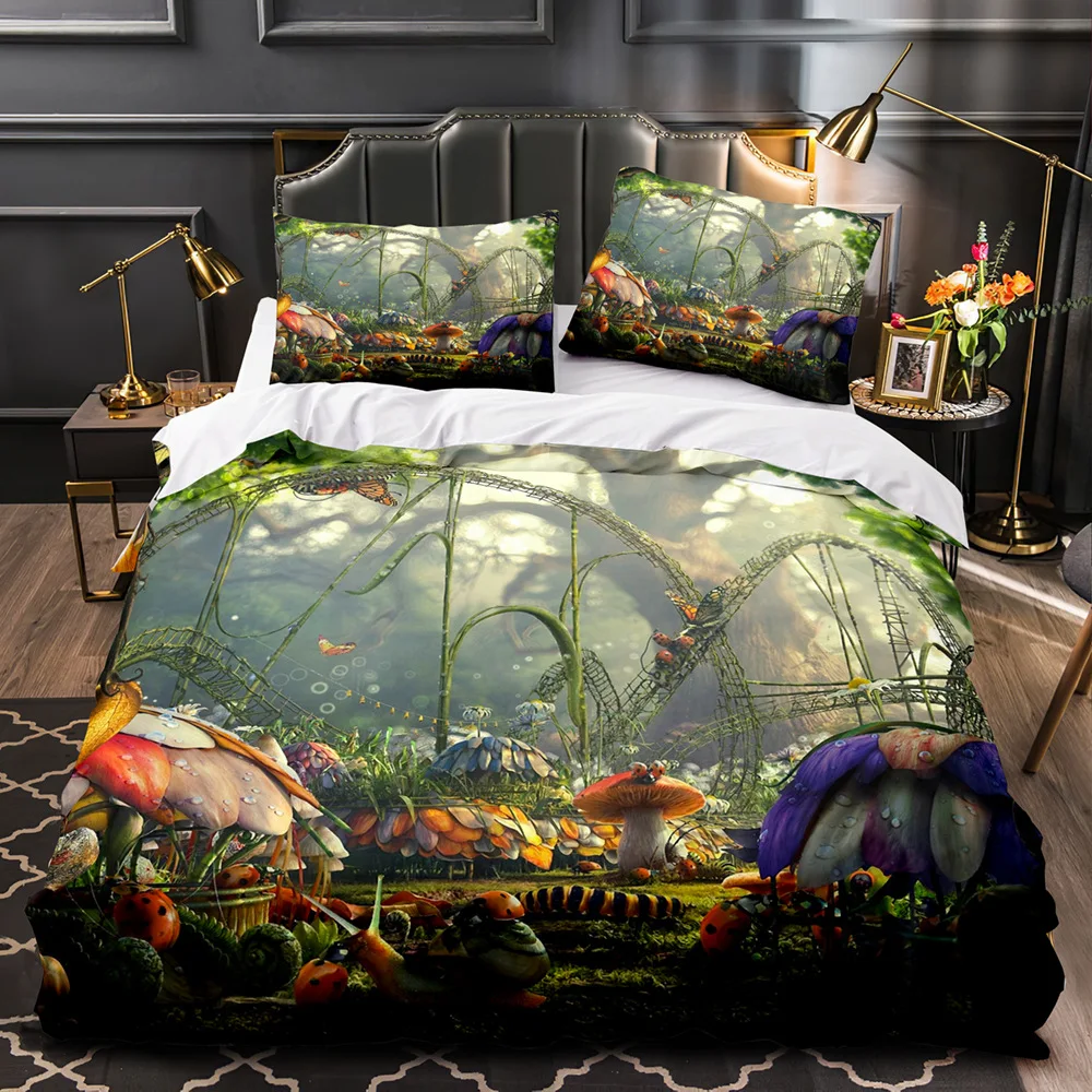 Mushroom Fairy Forest Duvet Cover Magic Lilliputian Cartoon Fungus Plant Bedding Set Fantasy Garden Comforter Cover