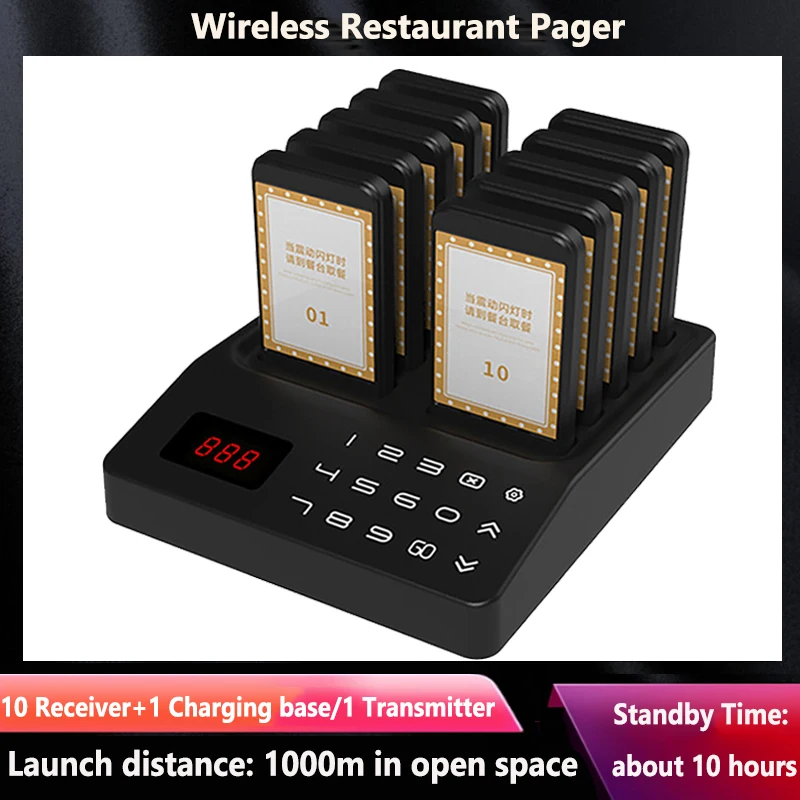 Restaurant Pager 10 Coasters Buzzer Vibrator Bell Wireless Calling Queuing System for Coffee Bar Dessert Burger Shop Food Truck