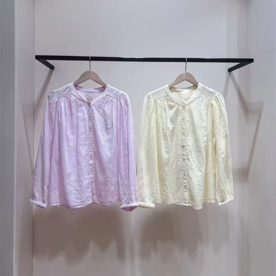 

Spring Summer New Style Loose Cotton Embroidered Shirt Pure Color Korean Style Women's Fashionable Top Quality Breathable