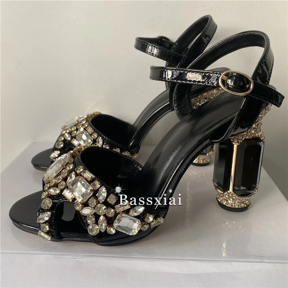 Luxury Sewing Diamond Rhinestone Sandals Women Jeweled Crystal High Heel Ankle Strap Banquet Shoes Summer