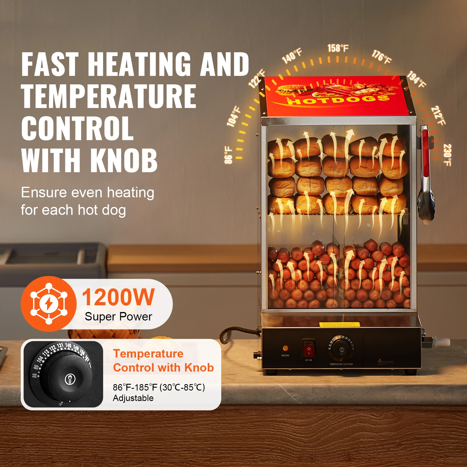 SucceBuy 36L 2-Tier Hot Dog Steamer Hot Dog Hut Steamer 86℉~185℉ Temperature Control, Electric Bun Warmer for Hot Dogs & Buns