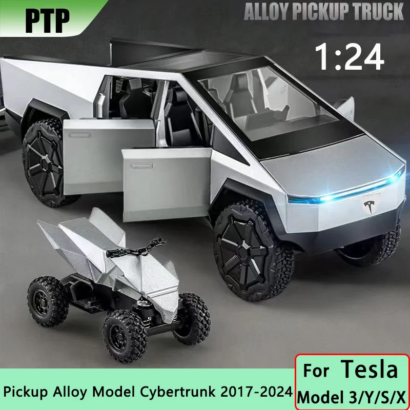 1/24 Tesla Cybertruck Pickup Trailer Simulation Sound and Light Alloy Car Model Diecasts Metal Toy Off-road Vehicles Kids Gifts