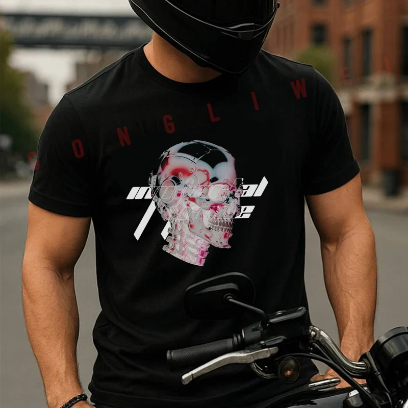 

Cyberpunk Robot Head With Glossy Reflection Moto Summer Short-sleeved Cotton T Shirt Men Women Streetwear Loose T-shirts
