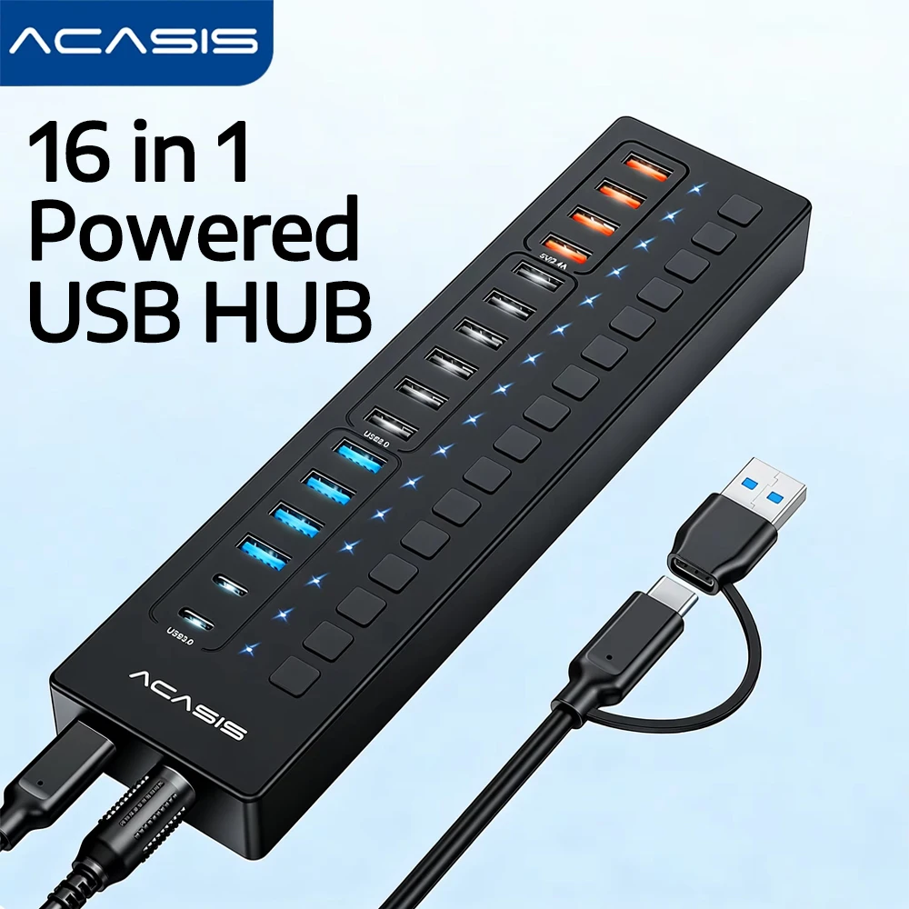 

Acasis 16-портовый разветвитель с несколькими USB-концентраторами и питанием от док-станции с переключателем включения/выключения нескольких USB-разветвителей с портами быстрой зарядки