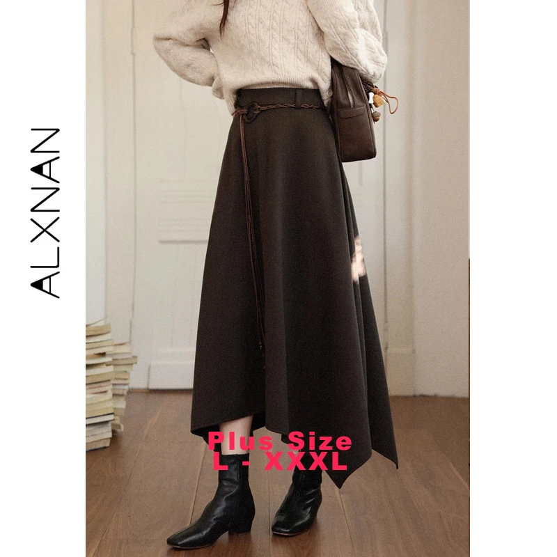 

ALXNAN Plus Size Skirt Autumn High-waist Sashes Irregular Hem Vintage A-line Skirt 2025 Versatile Elegant Woman Clothing D59113
