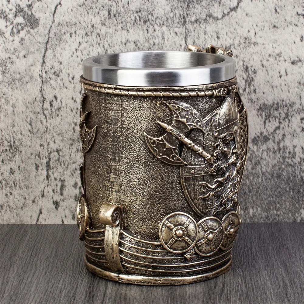 Nordic Mythology Viking Beer Glass Resin Stainless Steel Mug Beer Steins Tankard Coffee Cup Tea Tumbler Drinkware Pub Bar Decor