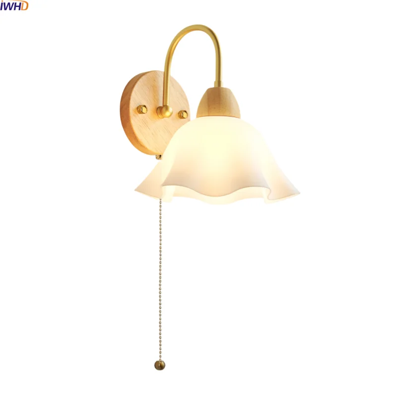 

IWHD Nordic Design LED Wall Lamp Indoor Luxury Art White Flower Lampshade Wood E27 Bulb Bathroom Mirror Light Lampara De Pared