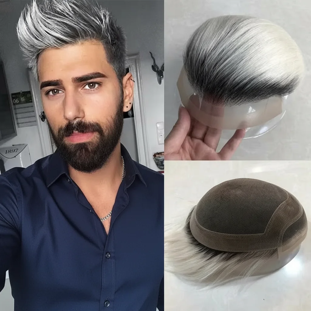 

Men Toupee 100% Human Hair Mono Base Lace With PU For Aging Men Gray Colors 1B20 1B60 1B80 Men Hair Replacement