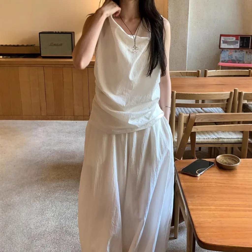 

Weisong Summer Style Sleeveless Vest Top And Loose Wide Leg High Waist Bloomers Set Casual Lazy Fashion Women's Ensemble