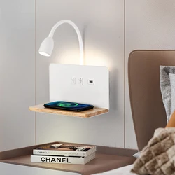 Minimalist Wooden Wireless Charging Wall Lamp USB Charging Dual Control Switch LED Indoor Bedside, Study Room, Living Room Light