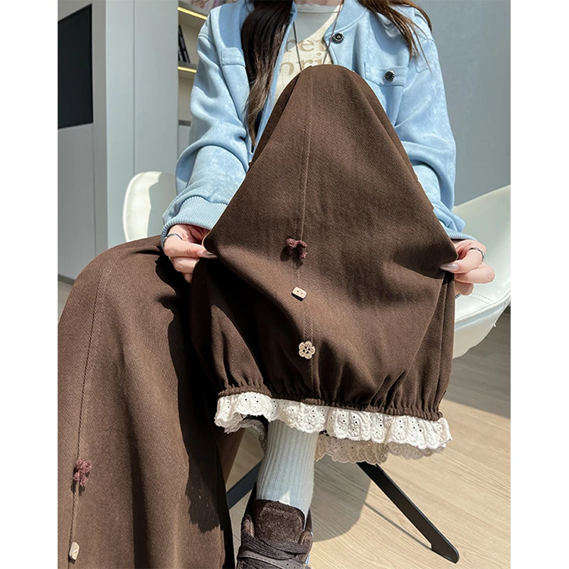 MEXZT Harajuku Fleece Pants Women Japanese Lace Patchwork Baggy Bloomers Pants Winter Streetwear High Waist Casual Trousers New