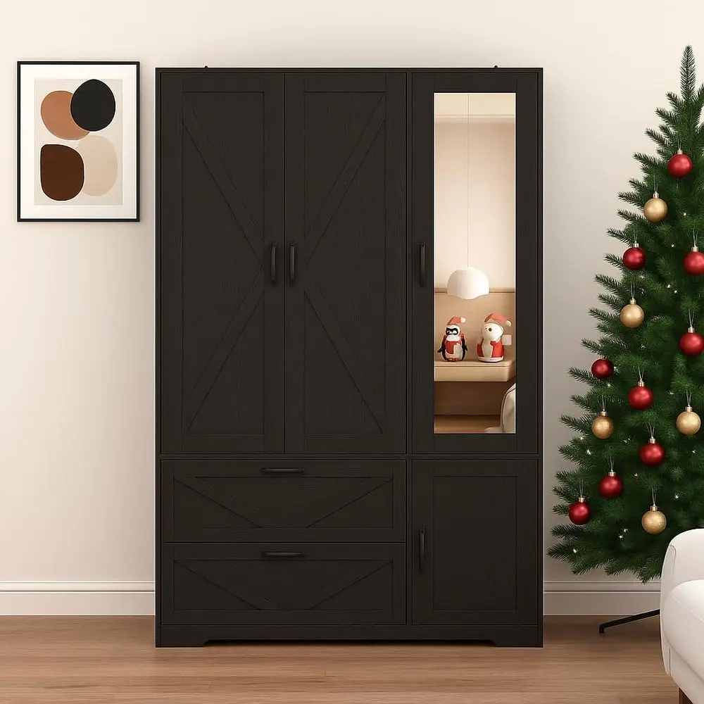 

47 Large Black 3-Door Wardrobe with Light, Mirror, Drawers, and Geometric Pattern for Bedroom Storage