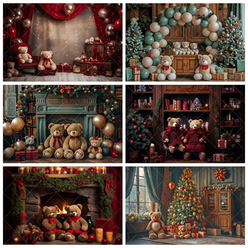 Christmas Photography Background Custom Xmas Trees Fireplace Teddy Bear Gifts Decor Backdrops Family Portrait Photo Studio Prop