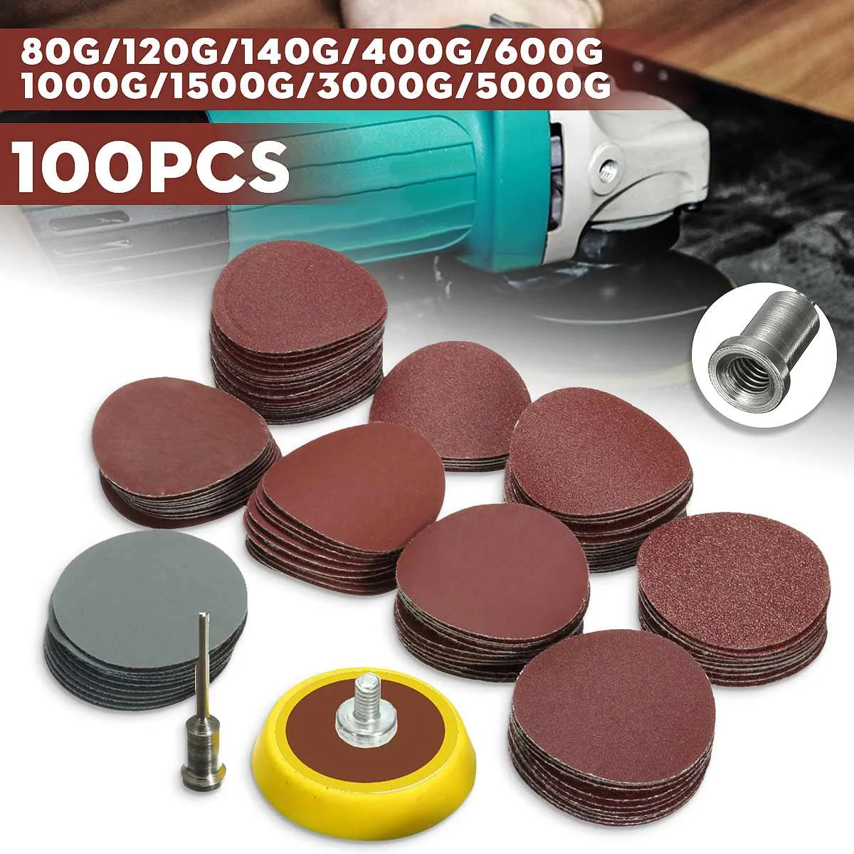 100Pcs 25mm/1 zoll Schleifen Disc + Loop Schleifen Pad 1 zoll + 1/8 zoll schaft Schleifmittel Loop Backer Schleifpapier Gemischt Polieren Set