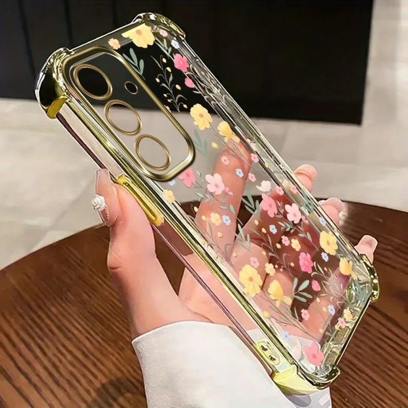 Plating Bumper Anti Fall Phone Case For Samsung Galaxy S26 S25 S24 S23 S22 S21 Ultra Plus FE Floral Pattern Clear TPU back Cover