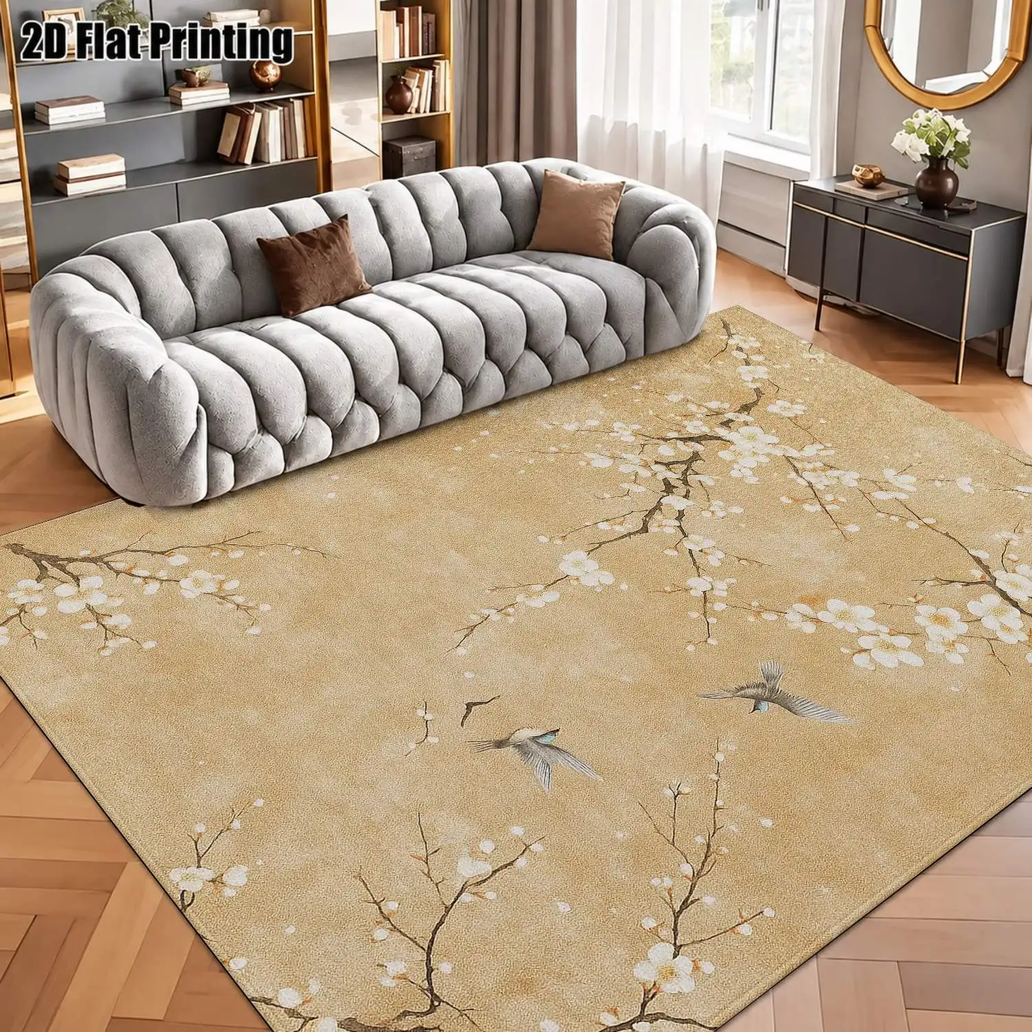 1Pc 2D Printed Vintage European-Style Beige Plum Blossom & Bird Pattern Carpet, Machine Washable, Multi-Size, Ideal for Home Decor Including Entryway, Dining Room, Bedroom, Living Room Mats