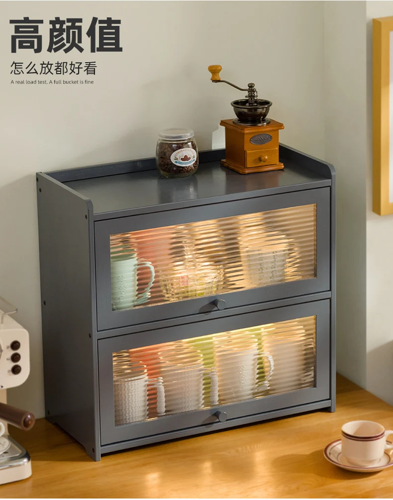 Natural Bamboo Storage Cabinets Dustproof Acrylic Doors Cup Holder Tea Set Display Kitchen Organizer Dining Room