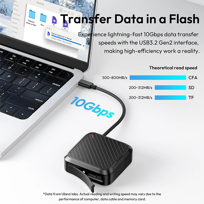 Ulanzi CRC10 13 حاملي بطاقات 3 في 1 حافظة قارئ بطاقات CFA/SD/TF مع واجهة USB3.2 Gen2 رقائق نقل البيانات عالية السرعة