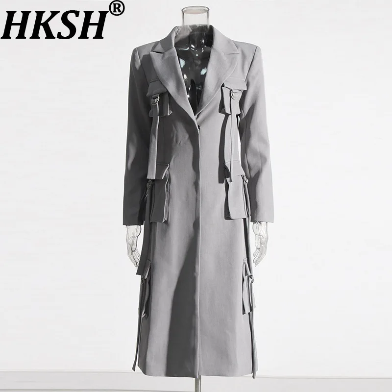 

HKSH Autumn Winter New Women Tide Niche Design Elegant Simple Trench Coats Patchwork Pockets Design Windbreaker Chic Ins HK9045