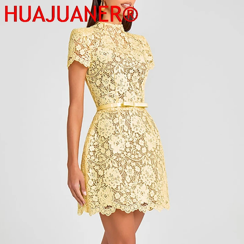 Fashion Perspective Lace Women's Party Dress New Elegant O Neck Short Sleeved High Waist Dress Yellow Bow Tie Up Banquet Dresses - Image 4