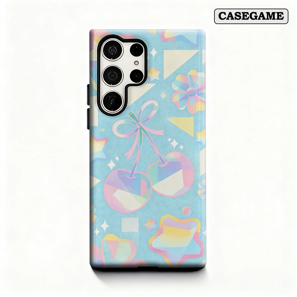 Casegame Phone Case for Samsung Galaxy S26 S25 Ultra S24 S23 Plus Shockproof Double Layer Tough Back Pastel Cherry Stars Cover