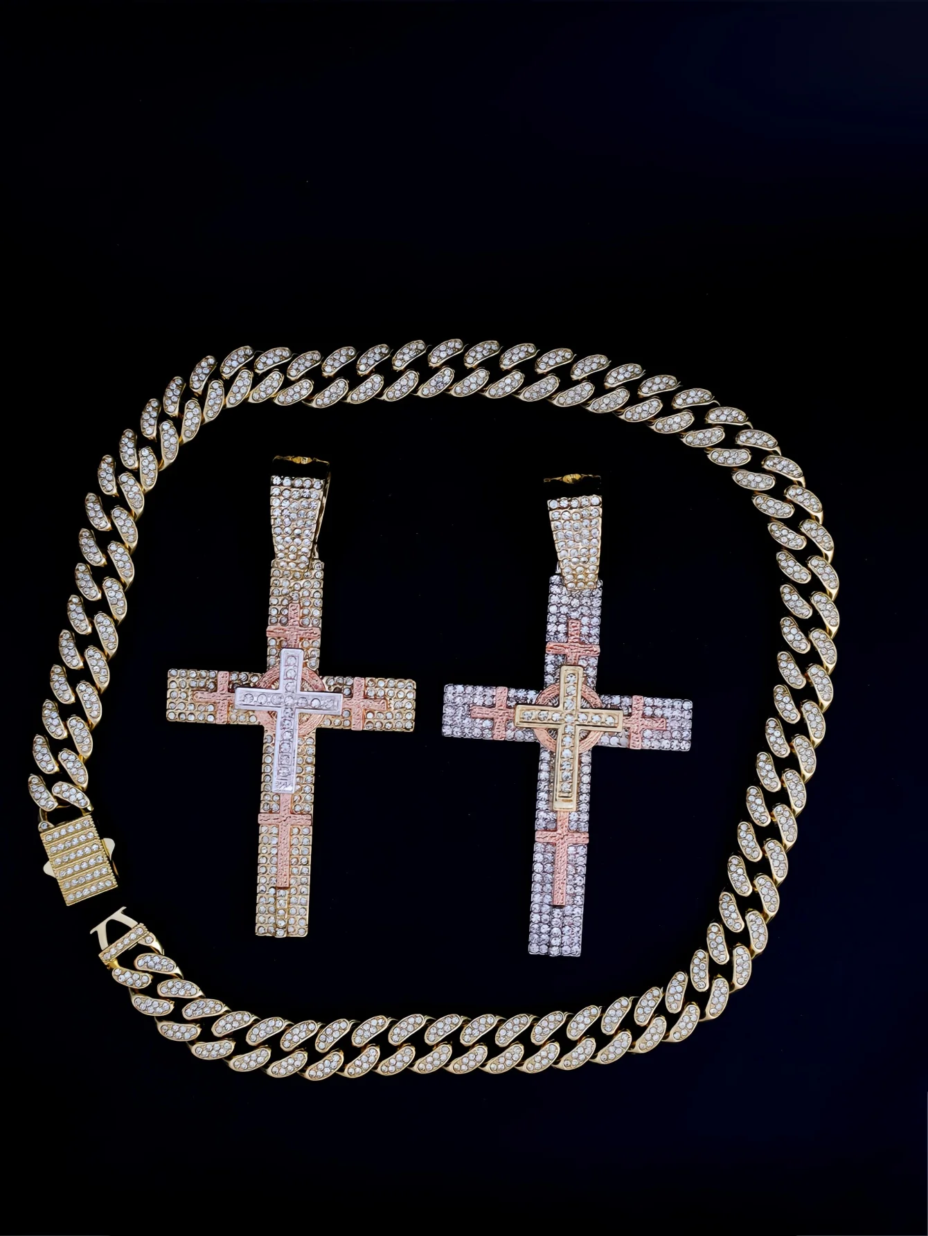 Hip Hop Punk Style 14K Gold Plated Cuban Chain Style Chunky Chain Tri-Color Cross Necklace
